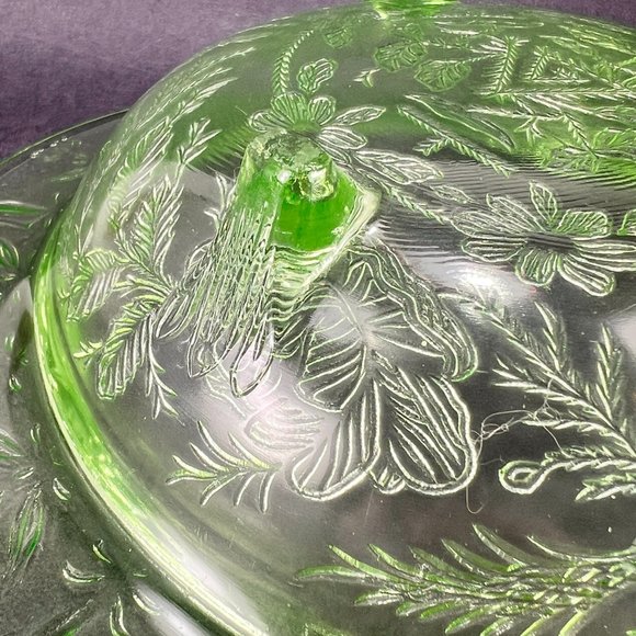 Vtg US Glass Rose Thorn Green Depression Vaseline Uranium Bowl 3 Toe Footed 30s - Picture 6 of 16